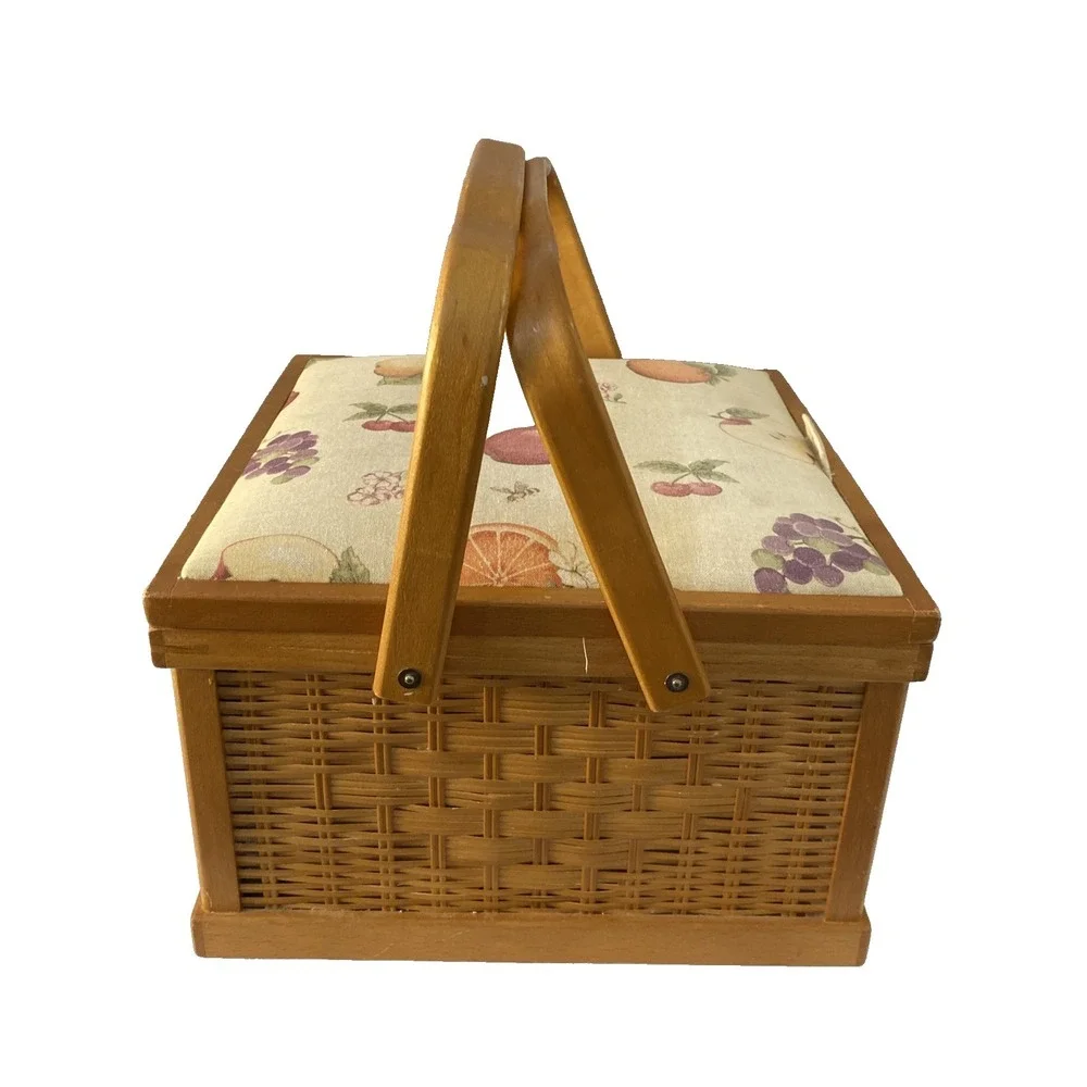 Vtg Jumbo Nantucket Style Wooden Wicker Sewing Basket, Fruit Motif